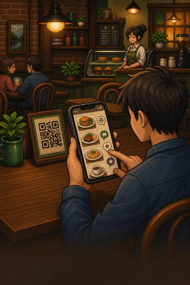 Pixel-art customer placing an order from the table