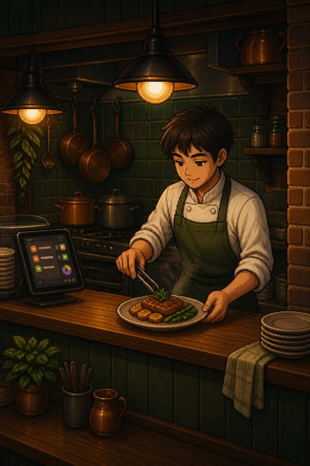 Pixel-art chef receiving the order and cooking at the pass