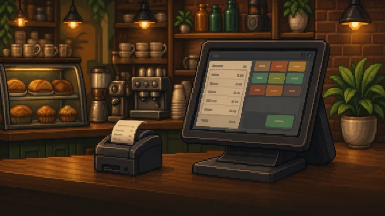 Pixel-art point-of-sale terminal on a restaurant counter
