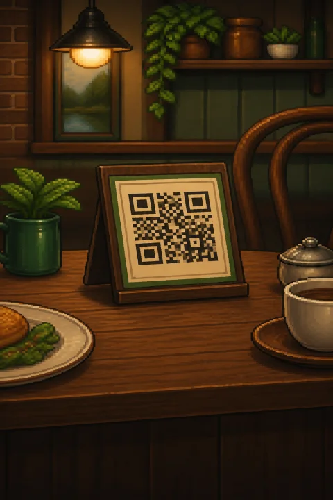 Pixel-art QR code standing on a restaurant table